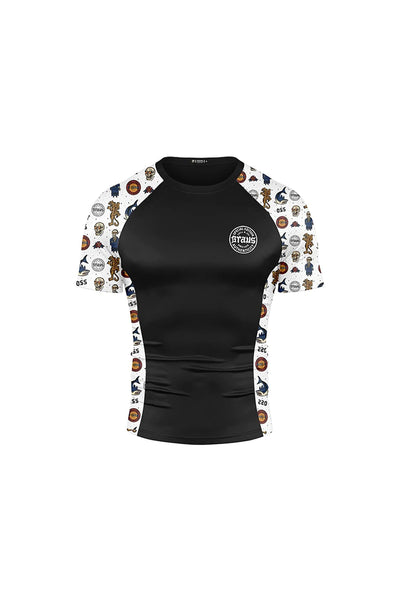 A short-sleeved black rash guard with multicolored geometric patterns on the sleeves and a logo on the chest.